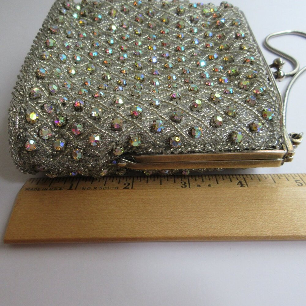 Silver Seed Bead AB Rhinestone Evening Bag Purse Metal Frame Kiss Lock Hong Kong - Picture 13 of 16